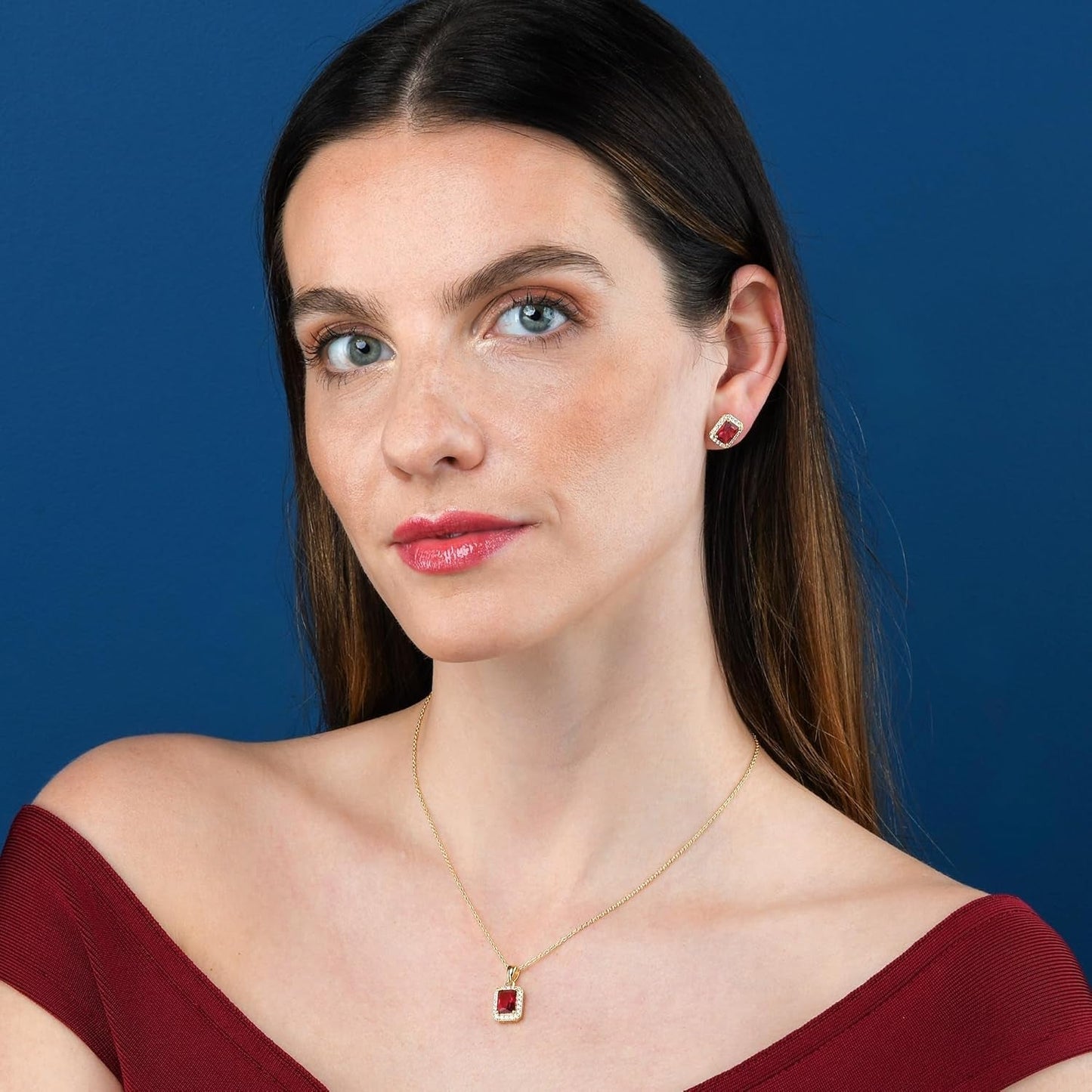 925 Sterling Silver Necklace for Women with a Clear, Blue, Red or Green Emerald-Cut CZ Stone, Emerald Cut Silver or Gold Necklaces for Women, Rectangle Pendant Necklace for Women