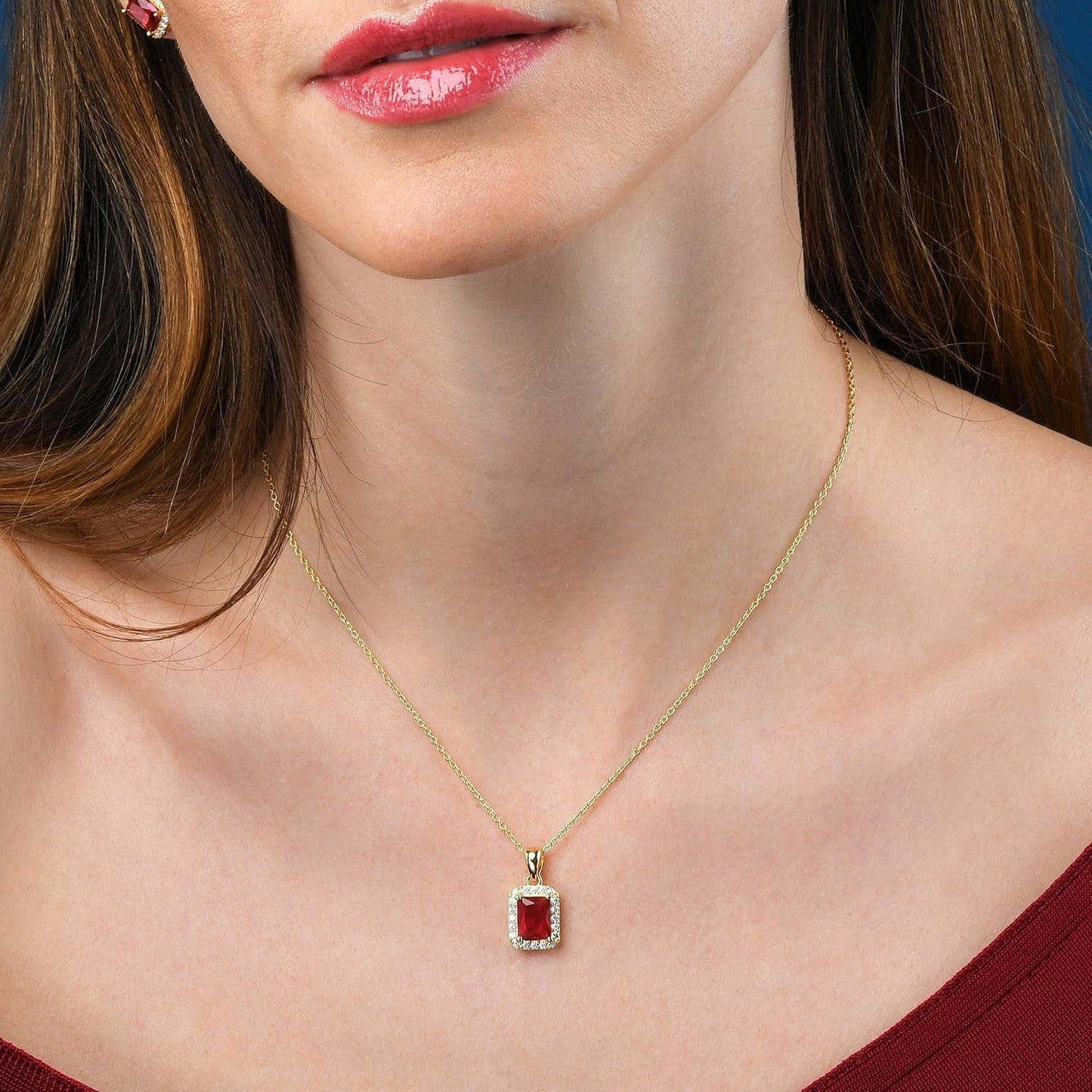 925 Sterling Silver Necklace for Women with a Clear, Blue, Red or Green Emerald - Cut CZ Stone, Emerald Cut Silver or Gold Necklaces for Women, Rectangle Pendant Necklace for Women - WORLD TIME VISITS