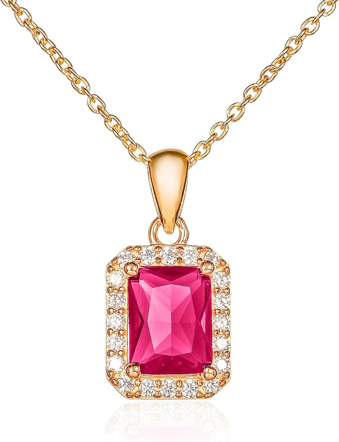 925 Sterling Silver Necklace for Women with a Clear, Blue, Red or Green Emerald - Cut CZ Stone, Emerald Cut Silver or Gold Necklaces for Women, Rectangle Pendant Necklace for Women - WORLD TIME VISITS