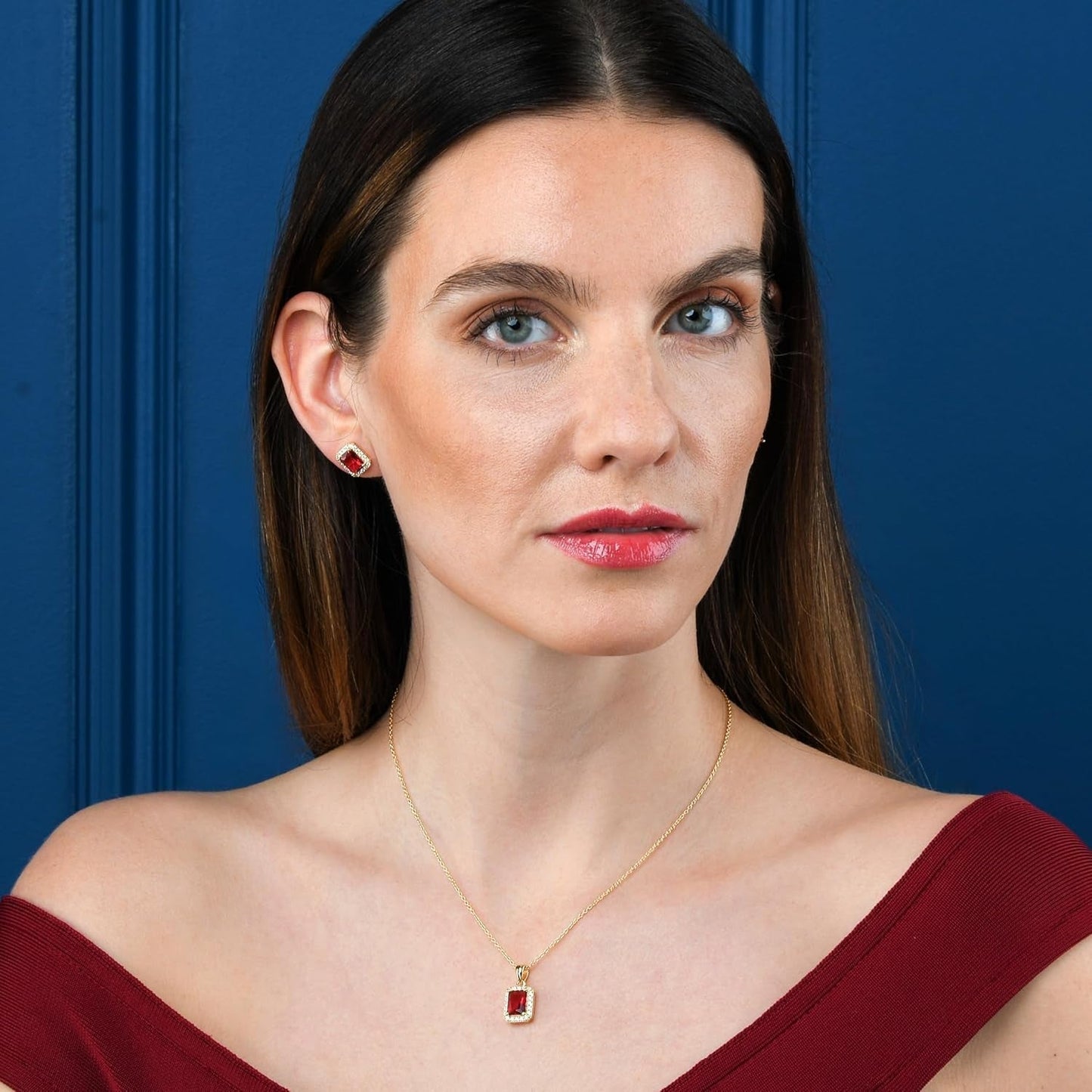 925 Sterling Silver Necklace for Women with a Clear, Blue, Red or Green Emerald-Cut CZ Stone, Emerald Cut Silver or Gold Necklaces for Women, Rectangle Pendant Necklace for Women