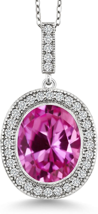 925 Sterling Silver Oval Gemstone Birthstone Halo Necklace for Women | Oval 12X10MM | Halo Pendant Necklace for Women | with 18 Inch Silver Chain - WORLD TIME VISITS