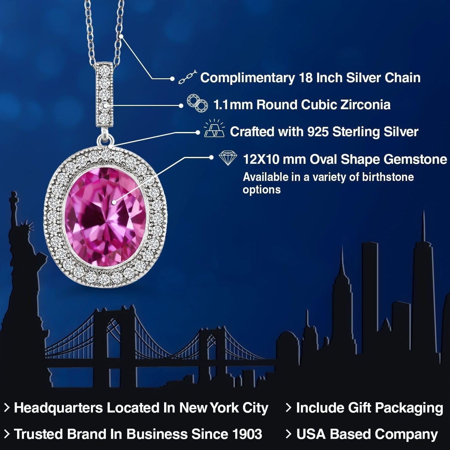 925 Sterling Silver Oval Gemstone Birthstone Halo Necklace for Women | Oval 12X10MM | Halo Pendant Necklace for Women | with 18 Inch Silver Chain - WORLD TIME VISITS