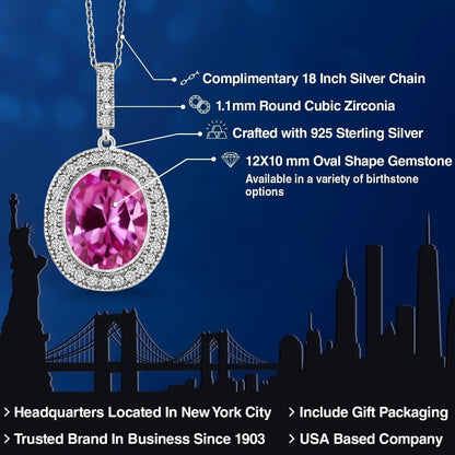 925 Sterling Silver Oval Gemstone Birthstone Halo Necklace for Women | Oval 12X10MM | Halo Pendant Necklace for Women | with 18 Inch Silver Chain - WORLD TIME VISITS