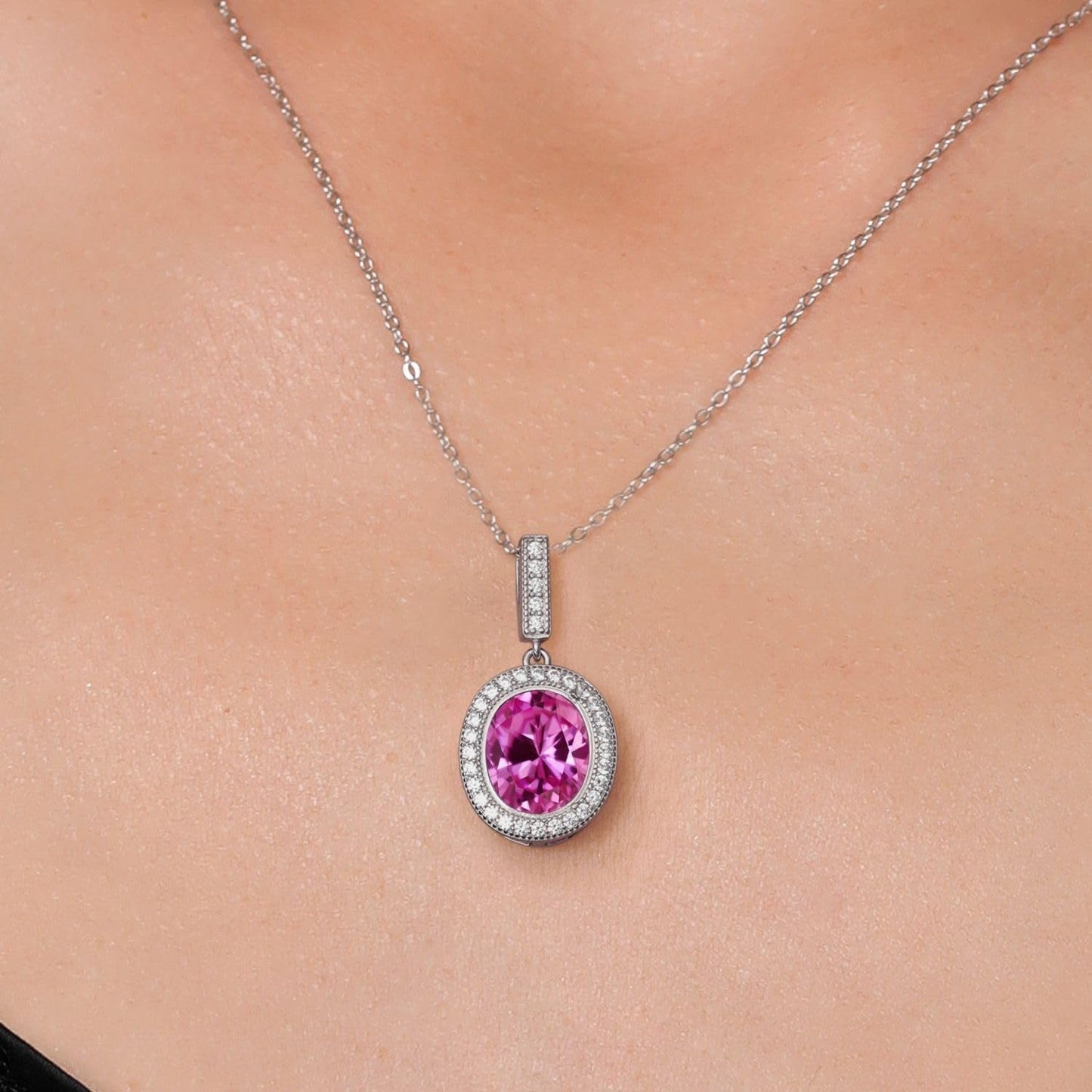 925 Sterling Silver Oval Gemstone Birthstone Halo Necklace for Women | Oval 12X10MM | Halo Pendant Necklace for Women | with 18 Inch Silver Chain