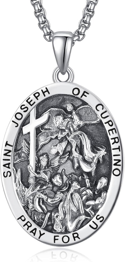 925 Sterling Silver Patron Saint Medals | Amulet Necklace Protection Jewelry for Men with 2.5Mm 22"+2" Rolo Chain - WORLD TIME VISITS