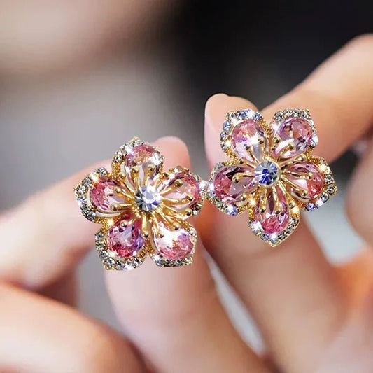 925 Sterling Silver Pink Petal Zircon Stud Earrings Flower Earrings Fashion Rose Zircon Hollow Full Diamond Earrings - WORLD TIME VISITS