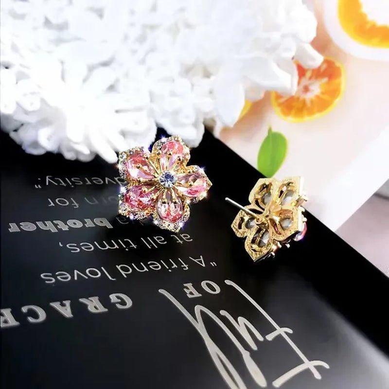 925 Sterling Silver Pink Petal Zircon Stud Earrings Flower Earrings Fashion Rose Zircon Hollow Full Diamond Earrings