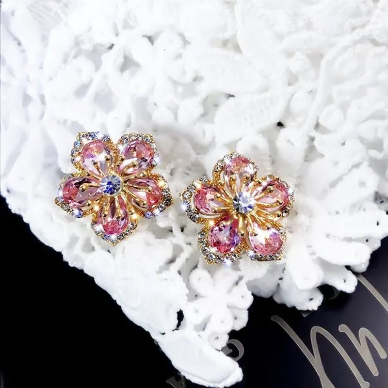 925 Sterling Silver Pink Petal Zircon Stud Earrings Flower Earrings Fashion Rose Zircon Hollow Full Diamond Earrings