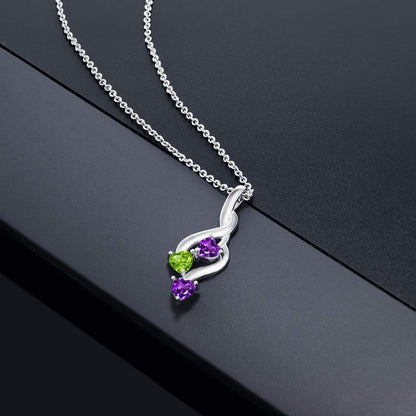 925 Sterling Silver Purple Amethyst and Green Peridot Pendant Necklace for Women (0.73 Cttw, Gemstone February Birthstone, Heart Shape 4MM, with 18 Inch Silver Chain)