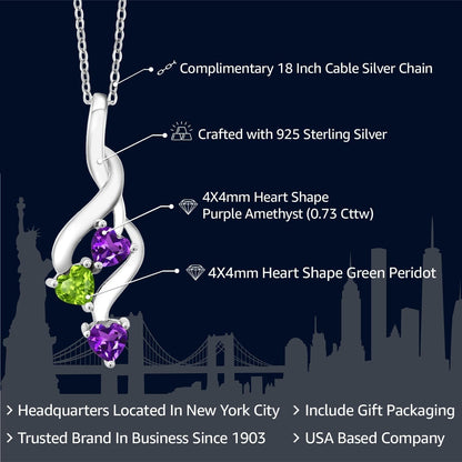 925 Sterling Silver Purple Amethyst and Green Peridot Pendant Necklace for Women (0.73 Cttw, Gemstone February Birthstone, Heart Shape 4MM, with 18 Inch Silver Chain) - WORLD TIME VISITS