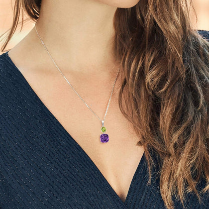 925 Sterling Silver Purple Amethyst and Green Peridot Pendant Necklace for Women (4.00 Cttw, Gemstone February Birthstone, Cushion 10MM, round 6MM)