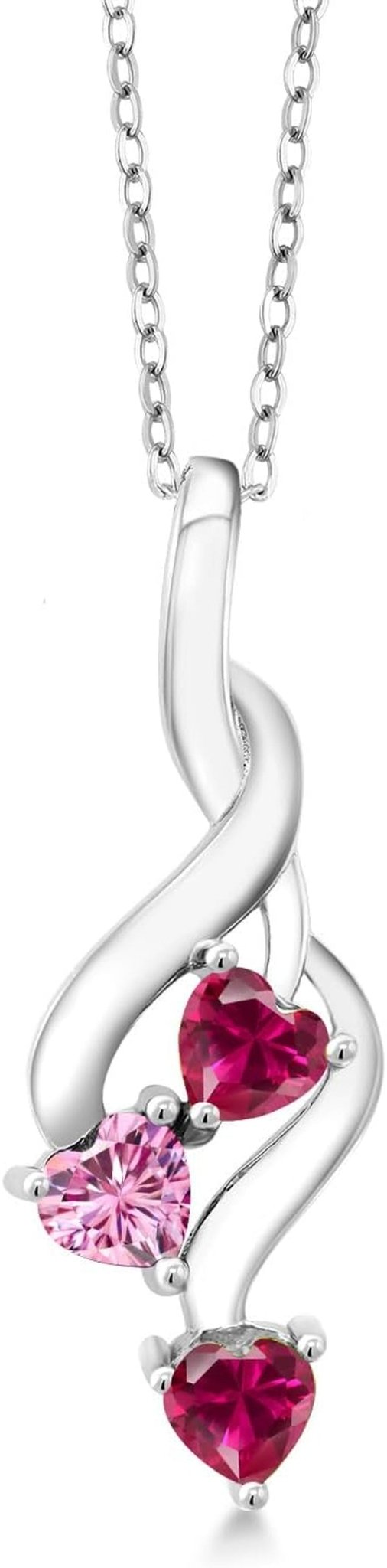 925 Sterling Silver Red Created Ruby and Pink Moissanite Pendant Necklace for Women (0.85 Cttw, Gemstone July Birthstone, Heart Shape 4MM, with 18 Inch Silver Chain) - WORLD TIME VISITS