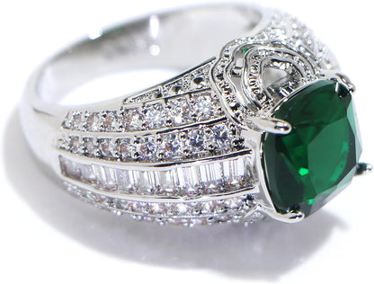925 Sterling Silver Shiny Full Diamond Emerald Ring Cubic Zirconia Rings Gemstone Ring CZ Diamond Eternity Engagement Wedding Band Ring for Women