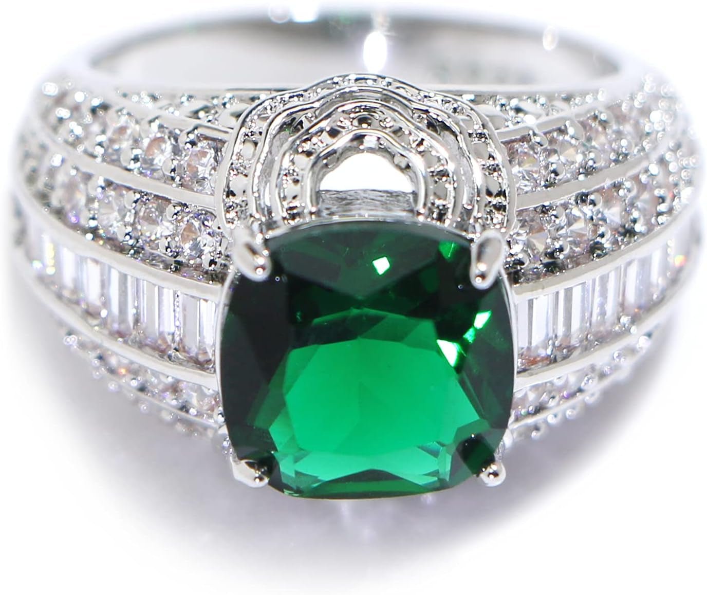 925 Sterling Silver Shiny Full Diamond Emerald Ring Cubic Zirconia Rings Gemstone Ring CZ Diamond Eternity Engagement Wedding Band Ring for Women