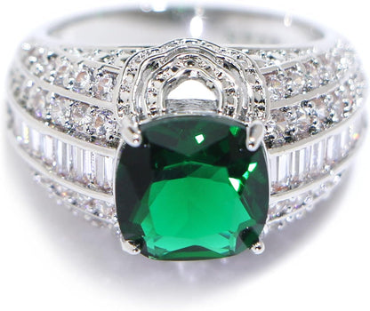 925 Sterling Silver Shiny Full Diamond Emerald Ring Cubic Zirconia Rings Gemstone Ring CZ Diamond Eternity Engagement Wedding Band Ring for Women