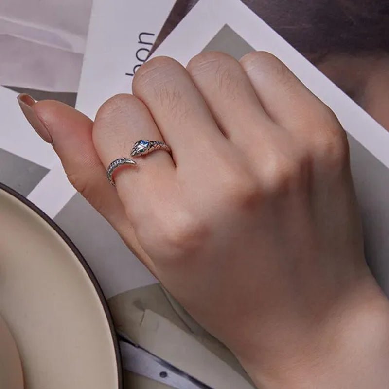925 Sterling Silver Snake Shape Opening Ring for Women Shiny Zircon Ring