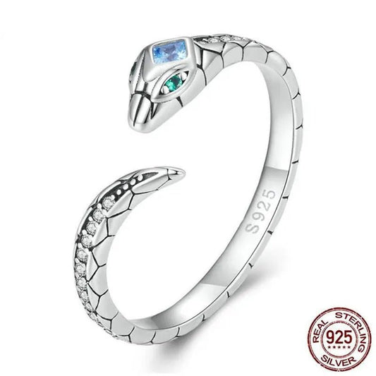 925 Sterling Silver Snake Shape Opening Ring for Women Shiny Zircon Ring - WORLD TIME VISITS