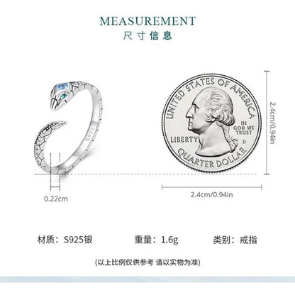 925 Sterling Silver Snake Shape Opening Ring for Women Shiny Zircon Ring
