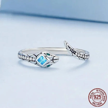 925 Sterling Silver Snake Shape Opening Ring for Women Shiny Zircon Ring - WORLD TIME VISITS