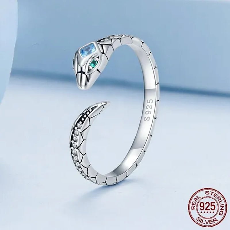 925 Sterling Silver Snake Shape Opening Ring for Women Shiny Zircon Ring