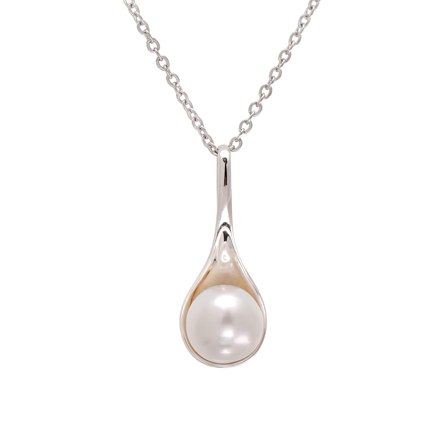 925 Sterling Silver Spoon Shape Cultured White Pearl Pendant Necklace for Women - WORLD TIME VISITS