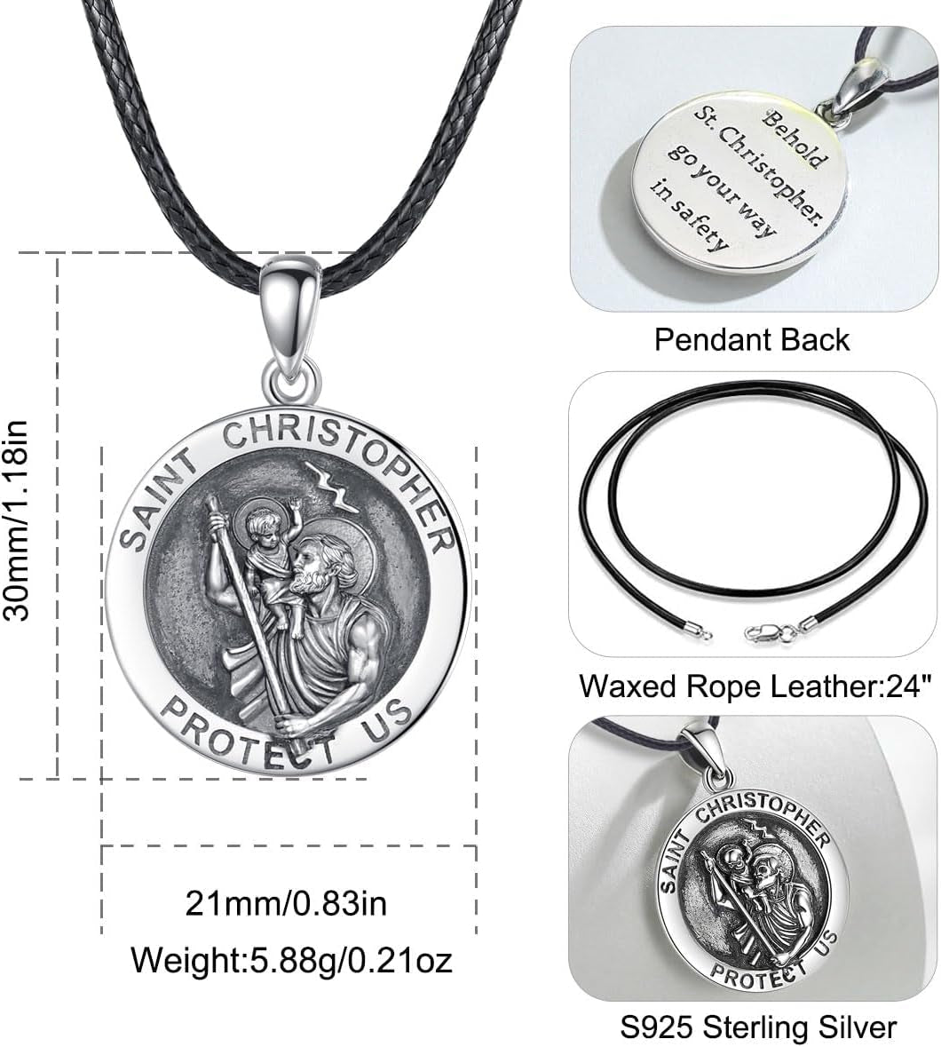 925 Sterling Silver St Michael/St Christopher/St Benedict/Virgin Mary/San Judas Tadeo/Good Shepherd Cross/Archangel Necklace Medal Pendant Protection Religious Amulet Jewelry for Men Women