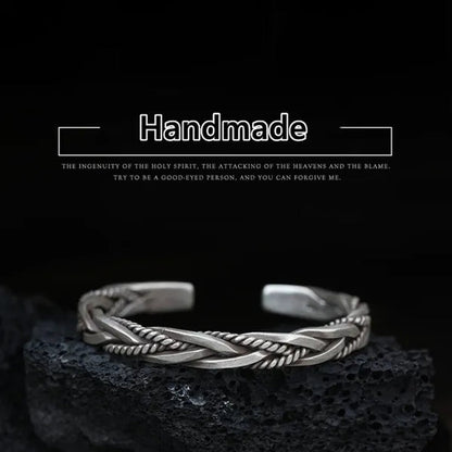 925 Sterling Silver Twisted Woven Bracelet Man Women Neutral Retro Thai Original Handmade Exquisite Unique Opening Bangle Gift - WORLD TIME VISITS