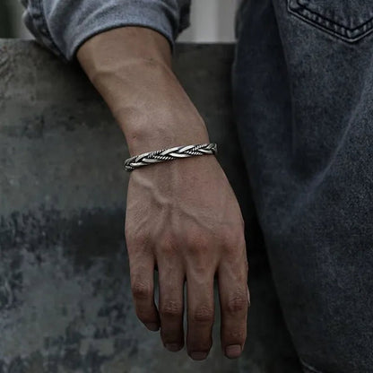 925 Sterling Silver Twisted Woven Bracelet Man Women Neutral Retro Thai Original Handmade Exquisite Unique Opening Bangle Gift - WORLD TIME VISITS