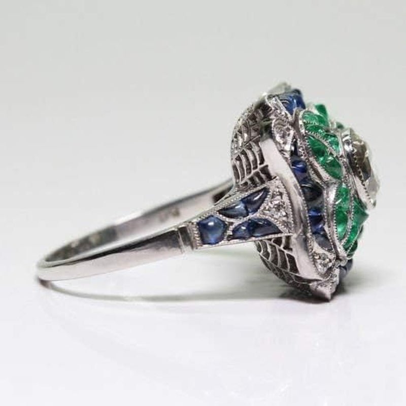 925 Sterling Silver Vintage Emerald Ring Blue Sapphire White Topaz Ring Women Wedding Fashion Jewelry Size 6-10