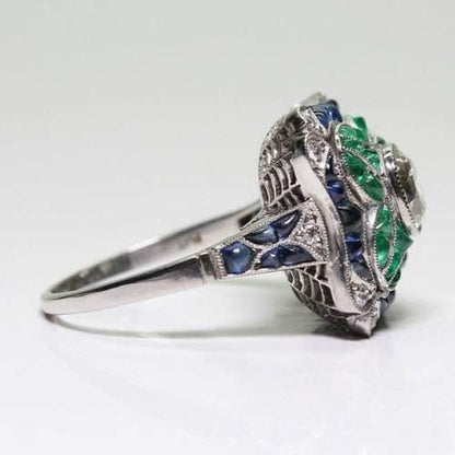925 Sterling Silver Vintage Emerald Ring Blue Sapphire White Topaz Ring Women Wedding Fashion Jewelry Size 6-10