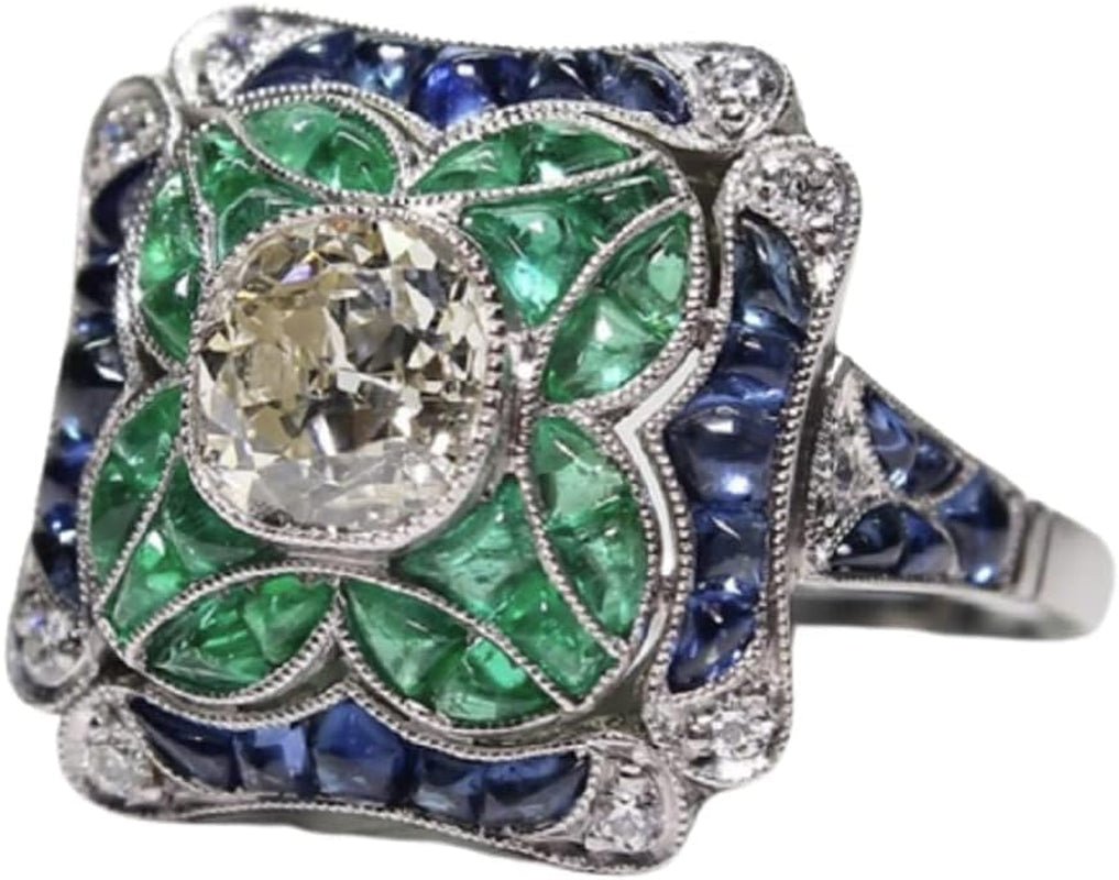 925 Sterling Silver Vintage Emerald Ring Blue Sapphire White Topaz Ring Women Wedding Fashion Jewelry Size 6 - 10 - WORLD TIME VISITS