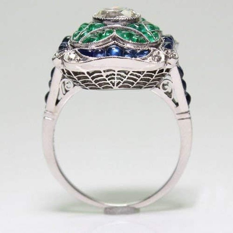 925 Sterling Silver Vintage Emerald Ring Blue Sapphire White Topaz Ring Women Wedding Fashion Jewelry Size 6-10
