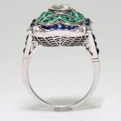 925 Sterling Silver Vintage Emerald Ring Blue Sapphire White Topaz Ring Women Wedding Fashion Jewelry Size 6-10