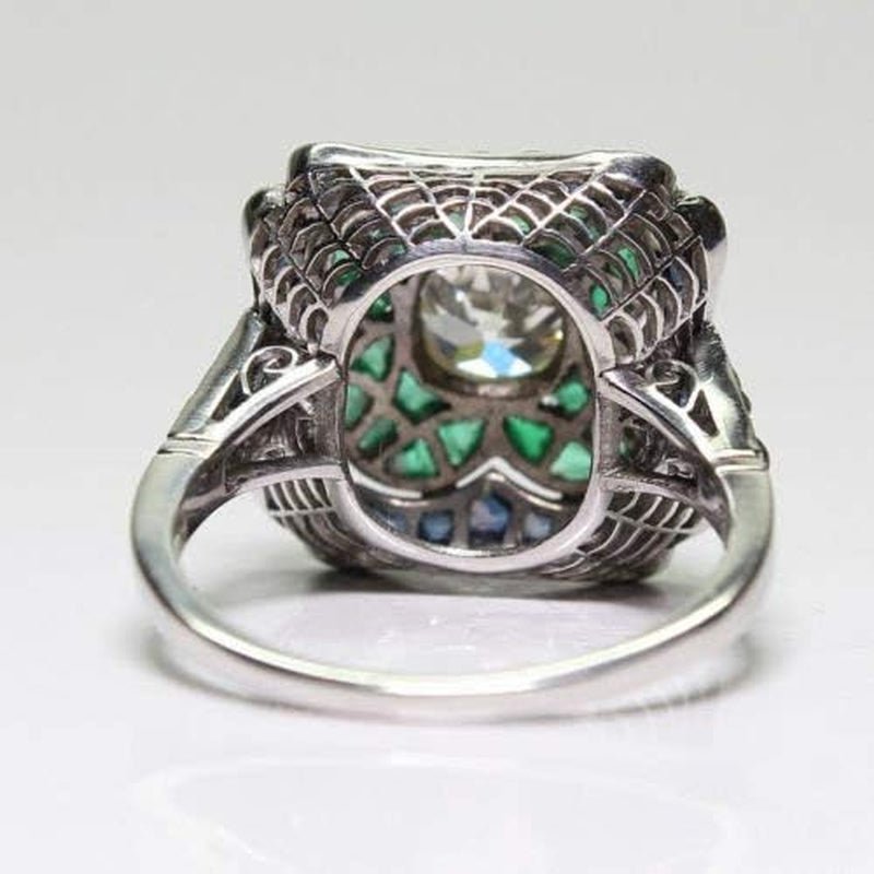 925 Sterling Silver Vintage Emerald Ring Blue Sapphire White Topaz Ring Women Wedding Fashion Jewelry Size 6-10