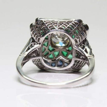 925 Sterling Silver Vintage Emerald Ring Blue Sapphire White Topaz Ring Women Wedding Fashion Jewelry Size 6-10