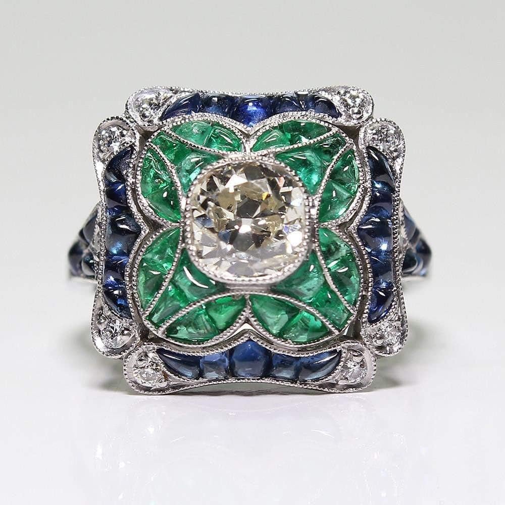 925 Sterling Silver Vintage Emerald Ring Blue Sapphire White Topaz Ring Women Wedding Fashion Jewelry Size 6 - 10 - WORLD TIME VISITS