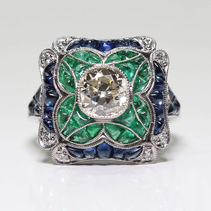 925 Sterling Silver Vintage Emerald Ring Blue Sapphire White Topaz Ring Women Wedding Fashion Jewelry Size 6 - 10 - WORLD TIME VISITS