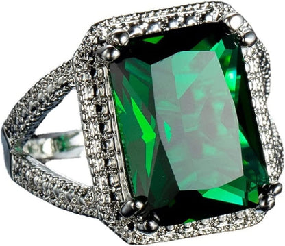 Emerald Halo 925 Sterling Silver Emerald Ring Cocktail Rings Square Cut Green Gem Cubic Zirconia Anniversary Promise Ring CZ Eternity Engagement Wedding Band Ring for Women (7) - WORLD TIME VISITS