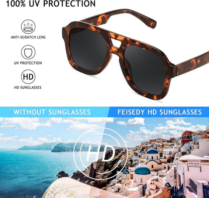 Vintage Aviator Sunglasses Double Bridge Women Men Large Square Thick Frame Trendy Eyewear UV400 B2846