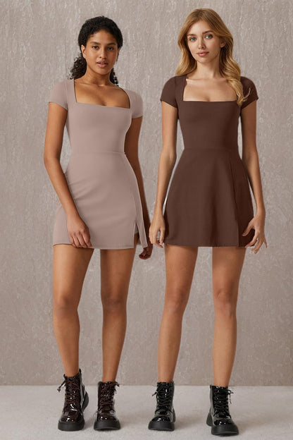 Womens Square Neck Tennis Dress Short Sleeve Built in Shorts Golf Athletic Dress with Pockets