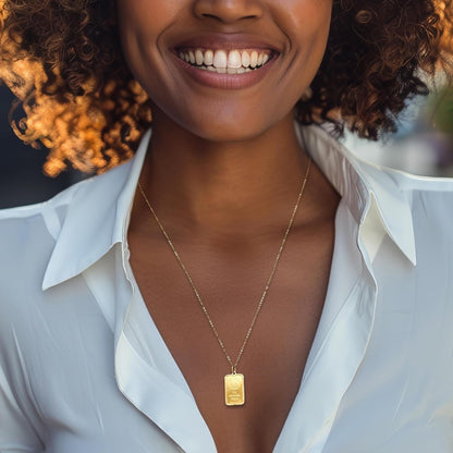 Italian 24Kt Yellow Gold Fleur-De-Lis 2-Gram Ingot Pendant Necklace with 14Kt Yellow Gold Frame. 20 Inches