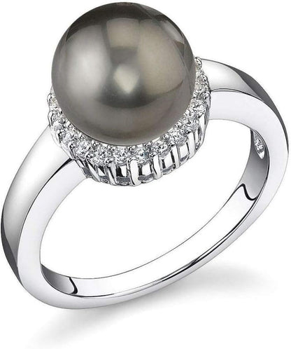 8-9Mm Genuine Black Tahitian South Sea Cultured Pearl & Cubic Zirconia Ashley Ring for Women