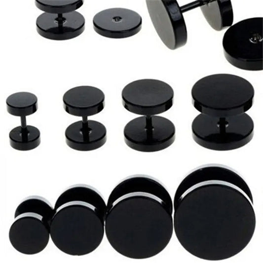 Punk Style Black Silver Stud Earrings Unisex Man Woman Earrings round Barbell Ear Stud Fashion Ear Piercing Jewelry Fake Plug 1 Pair - WORLD TIME VISITS
