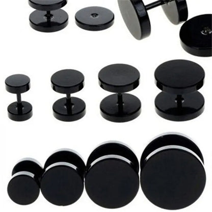 Punk Style Black Silver Stud Earrings Unisex Man Woman Earrings round Barbell Ear Stud Fashion Ear Piercing Jewelry Fake Plug 1 Pair