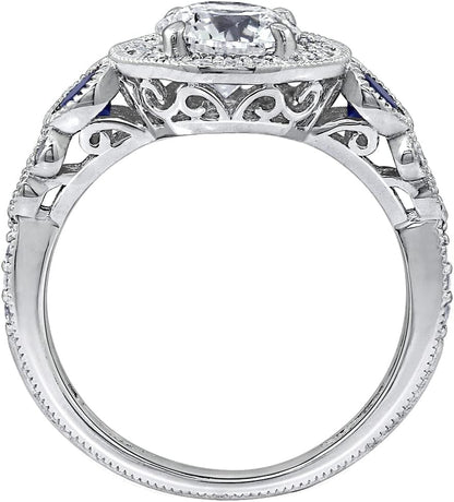 Platinum-Plated Sterling Silver Infinite Elements Cubic Zirconia Antique Round-Cut and Created Sapphire Ring, (Previously Amazon Collection)