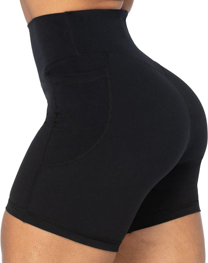 No Front Seam Biker Shorts for Women with Pockets, Yoga Workout Gym Bike Shorts with Tummy Control