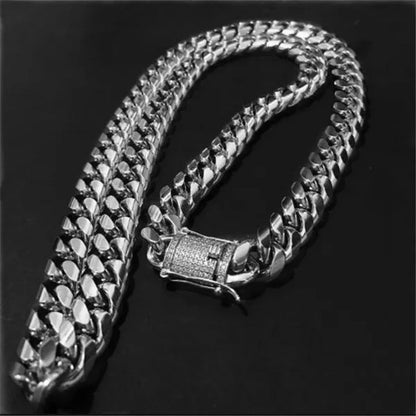 New Fashion Jewelry 18K Gold / 925 Silver Plated Men Cuban Miami Link Necklace Stainless Steel Diamond Clasp Hip Hop Iced Out Gold Chain Necklace