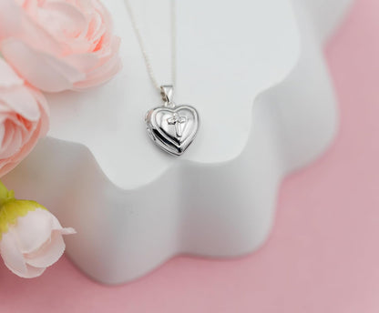 Sterling Silver First Communion Cross Heart Locket Necklace with White Sapphire Accent