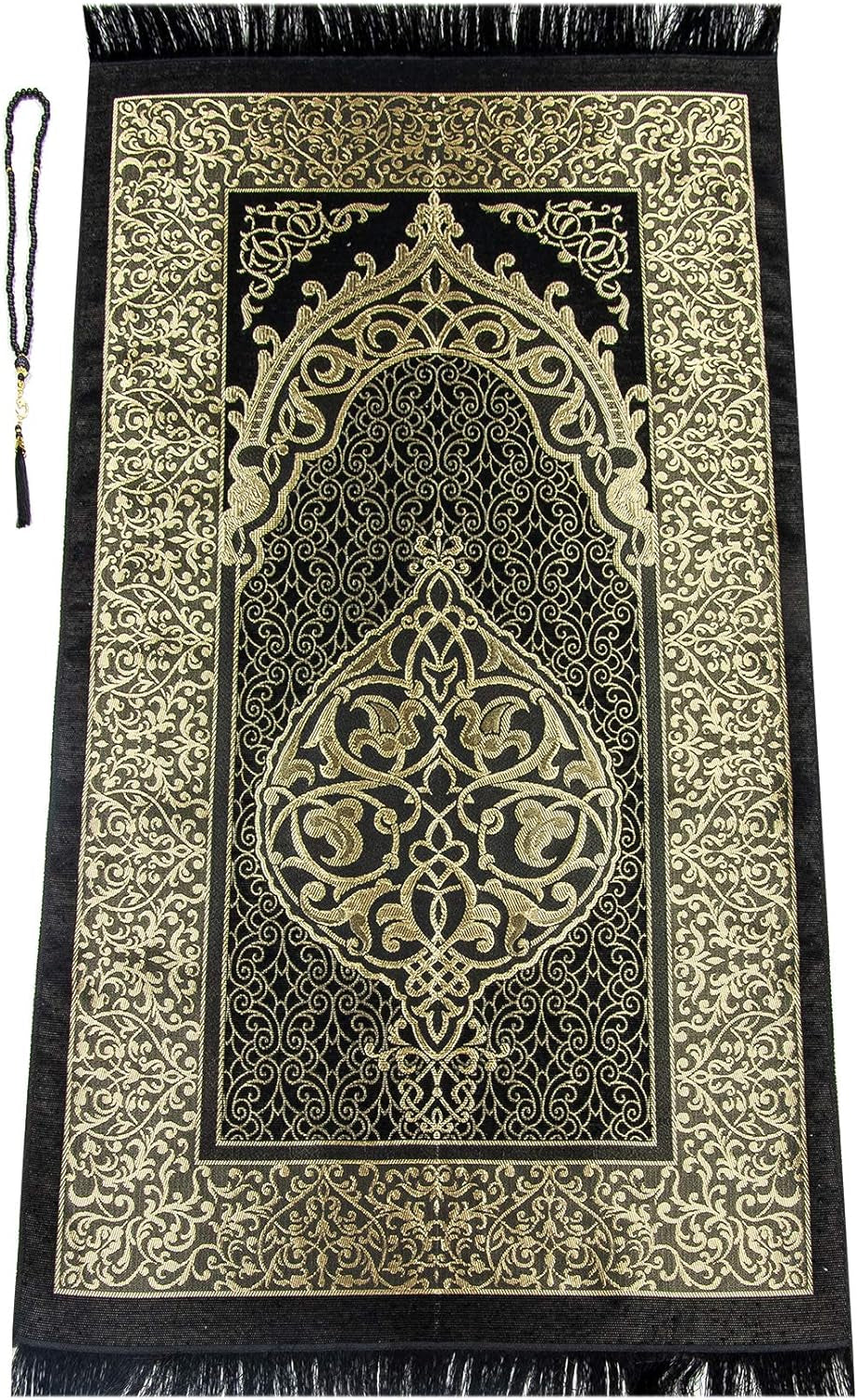 Muslim Prayer Rug and Prayer Beads with Elegant Design Cylinder Gift Box, Janamaz, Sajadah, Soft Islamic Gifts Set, Carpet Mat, Taffeta Fabric, Black