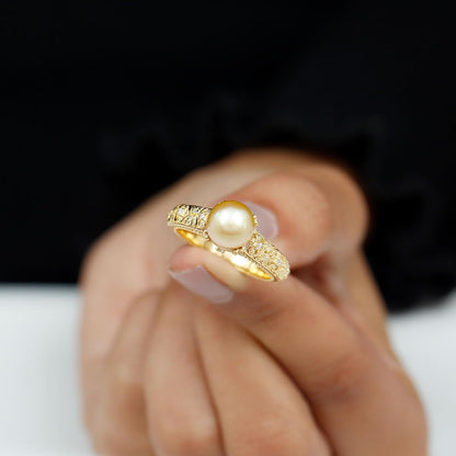 Golden South Sea Pearl Solitaire Ring, 8 MM Cultured Pearl, 5 Ct, Valentine Day Gifts for Her
